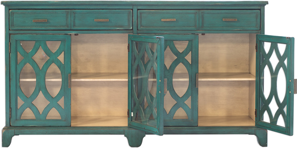 office used Uttermost Credenzas Featuring Solid Wood Construction, This Credenza Showcases Enhanced Cabinet Doors With Intricate Wooden Cutouts Over Glass. Finished In A Lagoon Green Exterior With A Contrasting Antique White Finished Interior And Accented With Coffee Bronze Finished Hardware. Open Shelf Styling Allows Versatility As A Sideboard Or Media Console. Interior Shelves Are Adjustable.