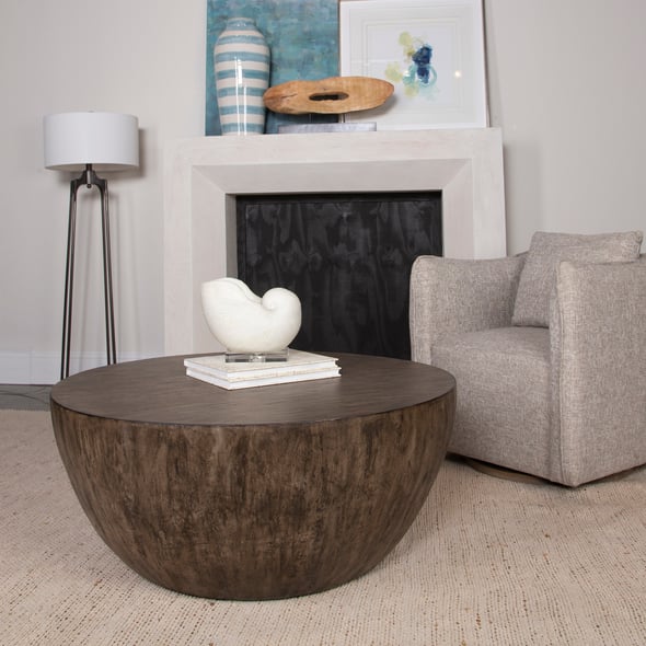 black and white side table Uttermost Cocktail & Coffee Tables Showcasing A Minimalist Style, This Round Coffee Table Features A Mango Wood Veneer Overlay In A Heavily Textured Aged Walnut Gray Finish.