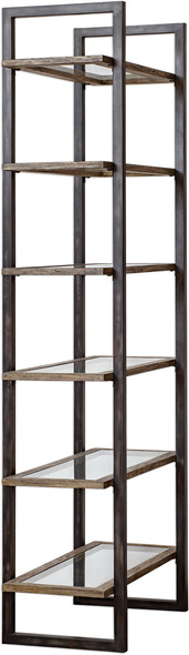 black bookshelf Uttermost Etagere This Forged Iron Framed Etagere, Finished In Aged Steel With Light Distressing Features Six Display Shelves With Driftwood Finished Surrounds, Inset With Clear Glass.