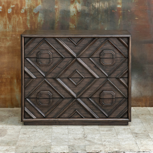 dressers & storage drawers Uttermost Chests & Cabinets With A Transitional Deep Walnut Finish Over Mindi Veneer, Naturally Distressed And Hand Rubbed To Expose Natural Undertones, This Four Drawer Chest Features An Updated Geometric Carved Molding Front Over A Floating Plinth Base.