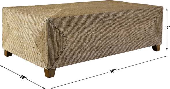wood square coffee table with storage Uttermost Cocktail & Coffee Tables Equal Parts Relaxed And Refined, This Coffee Table Embodies Casual Coastal Style. Wrapped In Natural Woven Banana Plant, Creating Unique Texture And Concentric Color Patterns, Resting On Wooden Feet Finished In A Light Walnut Stain.