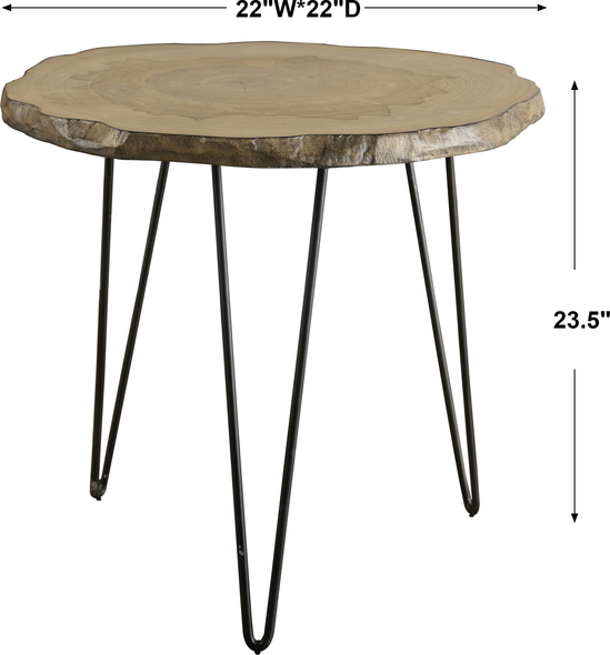 small bathroom table Uttermost Accent & End Tables Influenced By Modern Lodge Style, This Side Table Features A Cross Cut Veneered Wood Slab Top With Live Edge Details Paired With A Simple Iron Hairpin Base Finished In Aged Black.