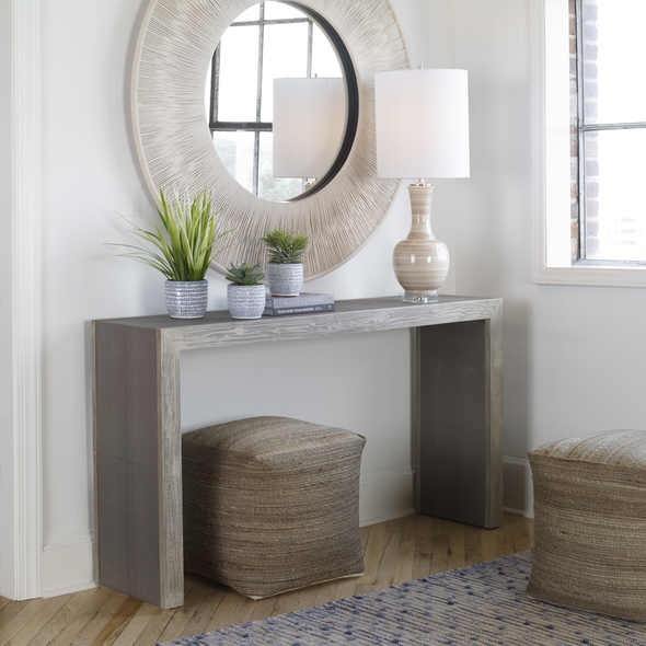 chair with side table Uttermost Console & Sofa Tables Accent Tables With Modern Elements, This Transitional Console Features Stitched Panels Of Light Gray Faux Shagreen, Paired With A Contrasting Wood Finish In A Aged White With Gray Distressed Details.