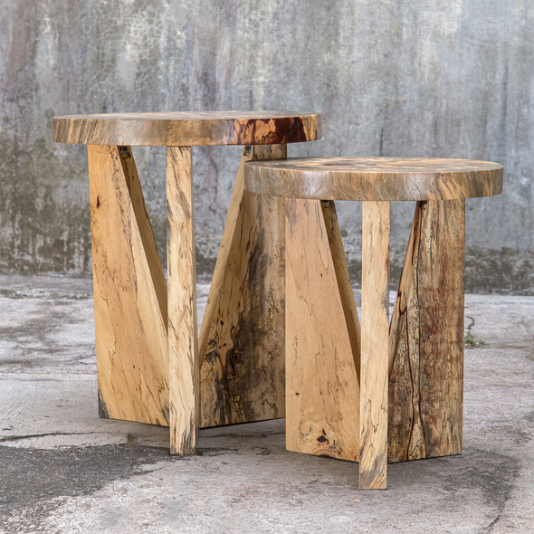 end stands Uttermost Accent & End Tables Made From Solid Tamarind Wood, This Set Of Two Nesting Tables Features Strong Angular Lines With Beautiful Spalting In A Natural Finish. Solid Wood Will Continue To Move With Temperature And Humidity Changes, Which Can Result In Cracks And Uneven Surfaces, Adding To Its Authenticity And Character. Sizes: Sm-16x19x16, Lg-18x22x18