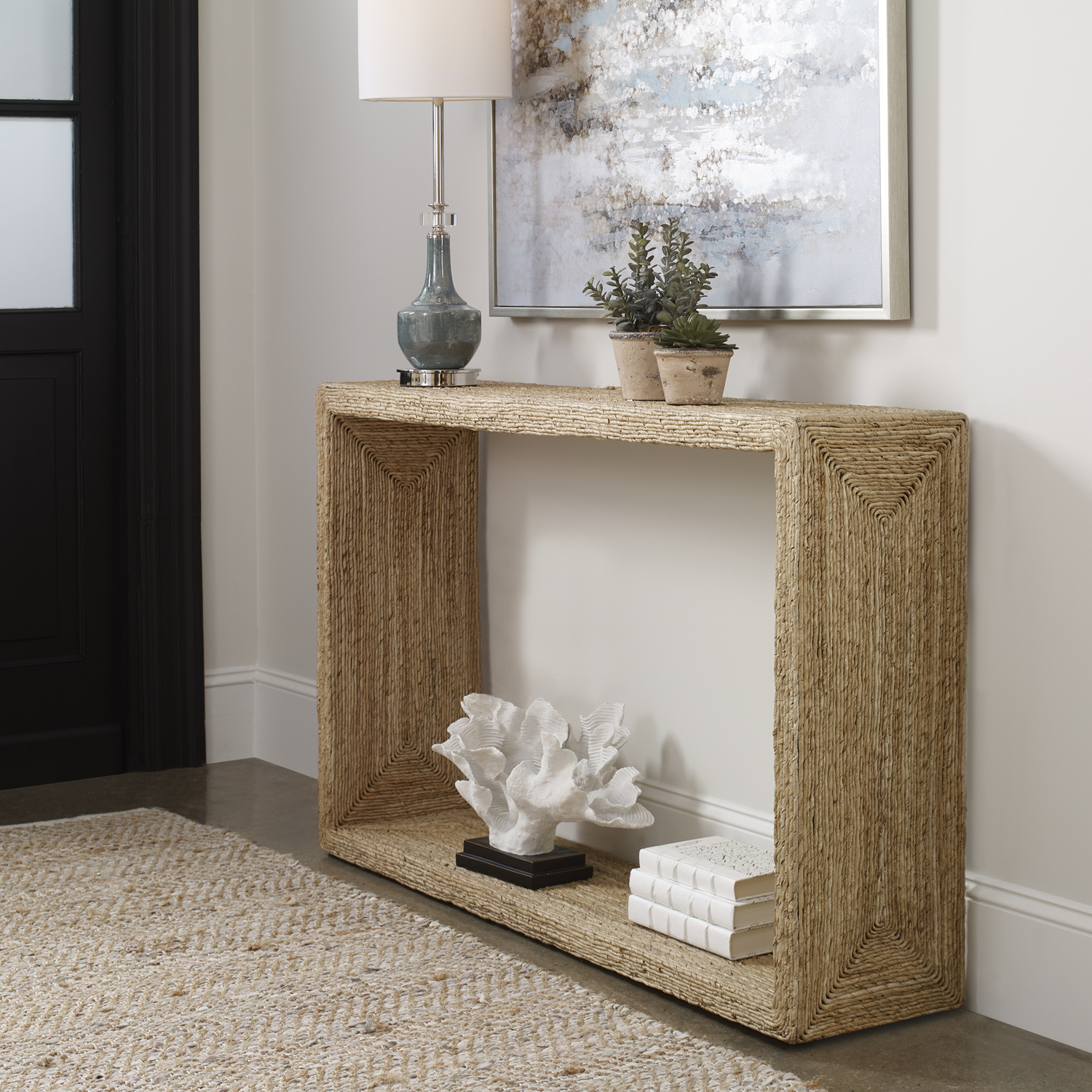 oak end tables Uttermost Console & Sofa Tables Equal Parts Relaxed And Refined, This Console Table Embodies Casual Coastal Style. Wrapped In Natural Woven Banana Plant, Creating Unique Texture And Concentric Color Patterns. The Airy Open Center Allows For Extra Display Space.