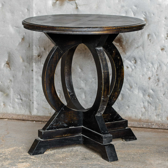 black coffee table Uttermost Accent & End Tables Soft, Weathered Black Finish On Solid Mango Wood Circle Motif Base, With Rub-through Distressing On The Mindi Veneer Inlay Top. Matthew Williams