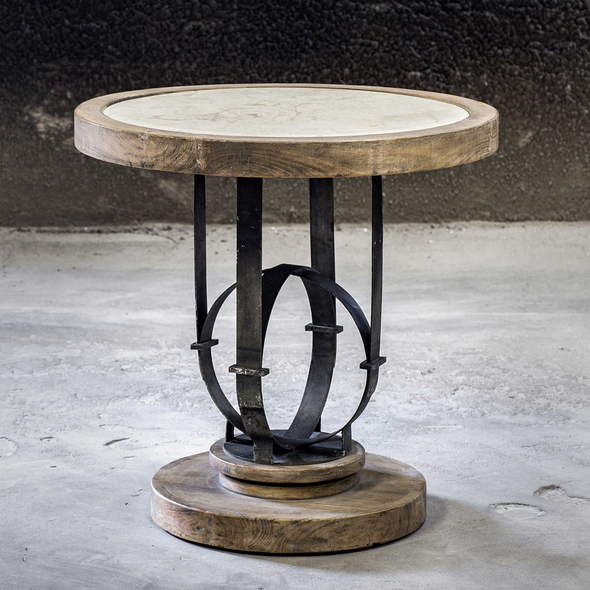 home tables Uttermost Accent & End Tables This Side Table Is Handcrafted From Solid Mahogany Wood In A Light Oak Finish With An Oatmeal Glaze, Accented With A Natural Beveled Stone Top. Features A Forged Iron Decorative Orb Base Finished In Aged Steel.