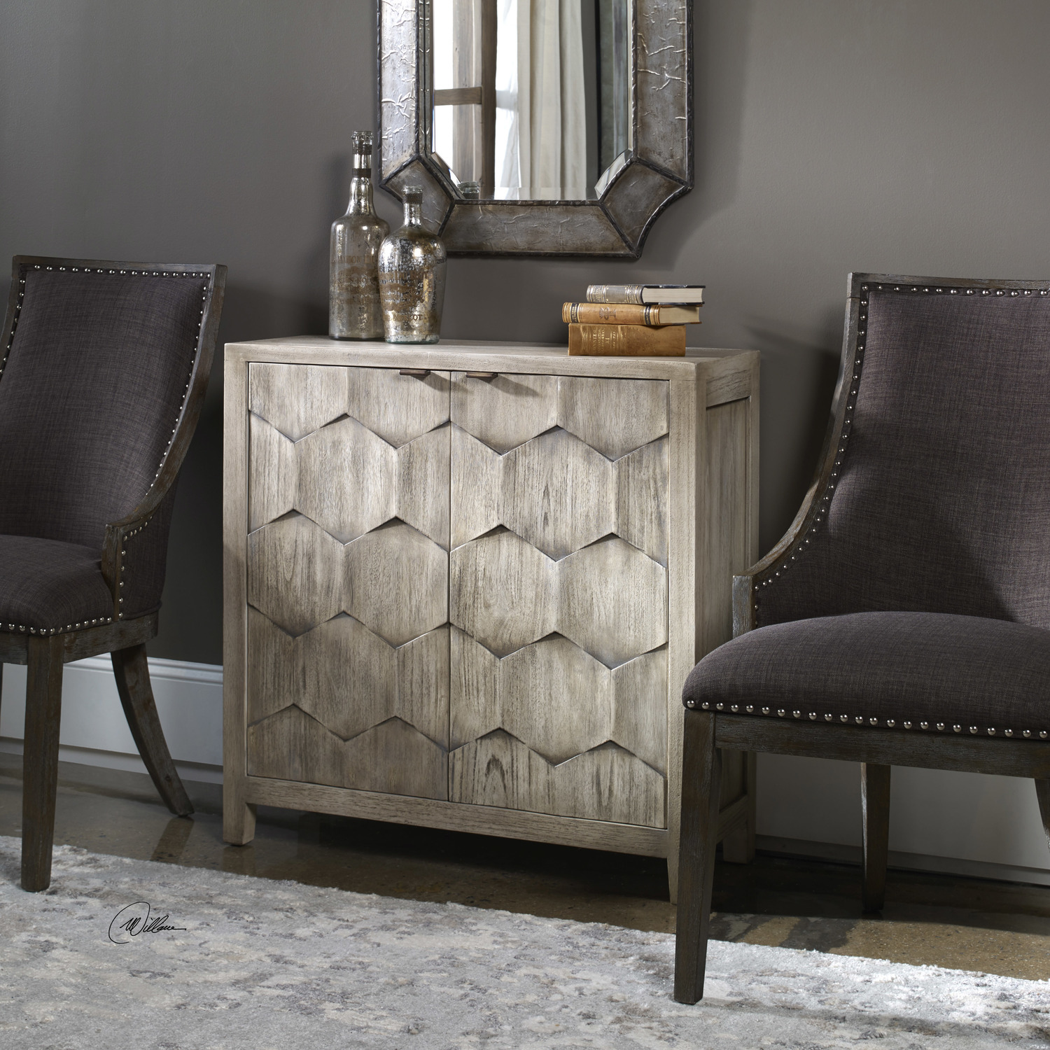 grey drawers for bedroom Uttermost  Console Cabinet Expert Craftsmanship Is Displayed In The Three Dimensional Honeycomb Striped Doors In Smoked Ivory Finished Mahogany Wood With Antique Bronze Iron Handles. Includes One Adjustable Interior Shelf.