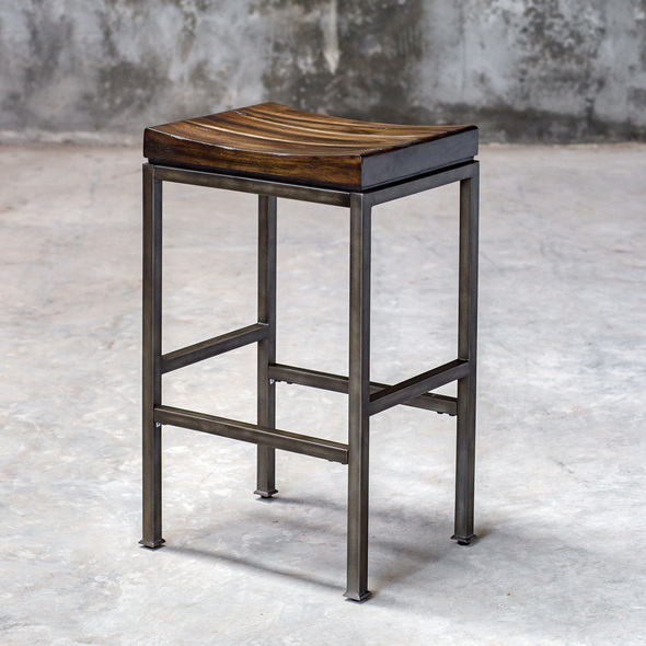 top counter stools Uttermost Bar & Counter Stools Constructed Of Solid Hardwood, Finished In A Lightly Burnished Dark Walnut Revealing Warm Honey Undertones, Set Atop An Industrial Iron Base Finished In A Lightly Brushed Steel.