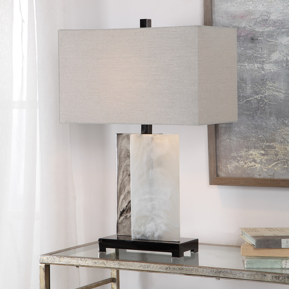 light bulb for bedside table Uttermost Table Lamp This Modern Silhouette Features Two Rectangular Slabs Reminiscent Of Billowing Smoke Fastened In An Off-set Construction Accented With Polished Black Nickel Plated Details.