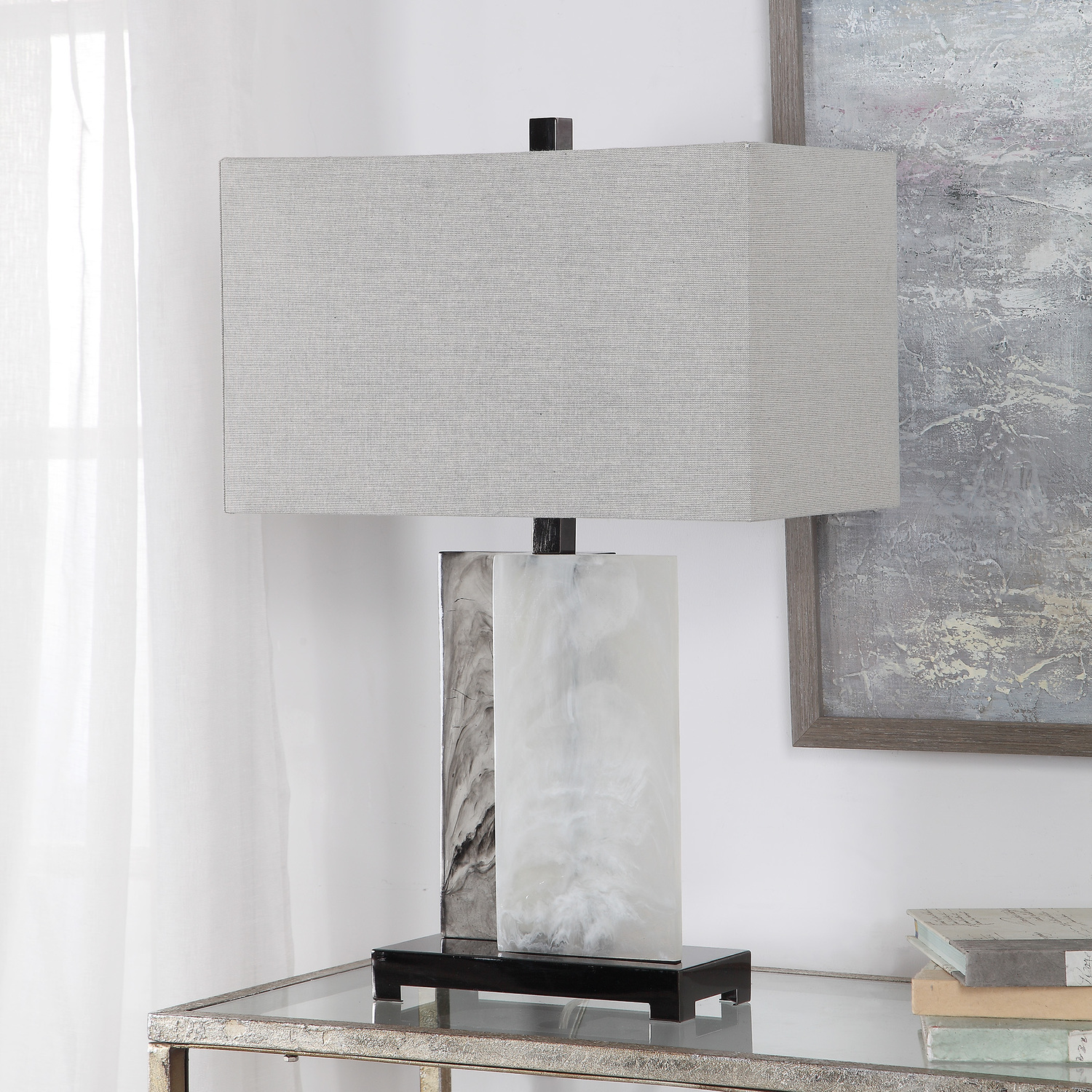 light bulb for bedside table Uttermost Table Lamp This Modern Silhouette Features Two Rectangular Slabs Reminiscent Of Billowing Smoke Fastened In An Off-set Construction Accented With Polished Black Nickel Plated Details.