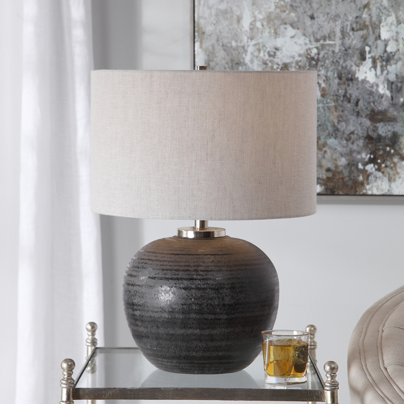 Uttermost Mikkel Charcoal Table Lamp Table Lamps Finished In A Charcoal Glaze With Etched Texture, This Table Lamp Adds A Casual Yet Contemporary Feel To A Space. The Round Ceramic Base Is Complemented By Brushed Nickel Hardware.