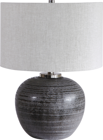 Uttermost Mikkel Charcoal Table Lamp Table Lamps Finished In A Charcoal Glaze With Etched Texture, This Table Lamp Adds A Casual Yet Contemporary Feel To A Space. The Round Ceramic Base Is Complemented By Brushed Nickel Hardware.