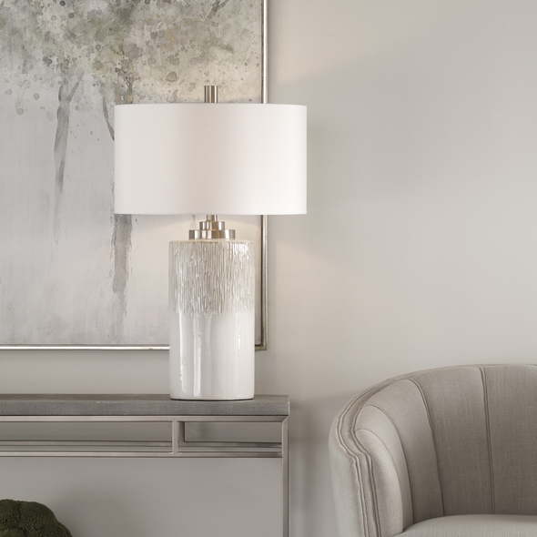 outdoor lamp shade covers Uttermost Georgios Cylinder Table Lamp This Lamp Showcases An Aged White Ceramic Base Accented With Charcoal Flecks And Textured Beige Drip Details. Brushed Nickel Hardware Is Paired With This Piece.