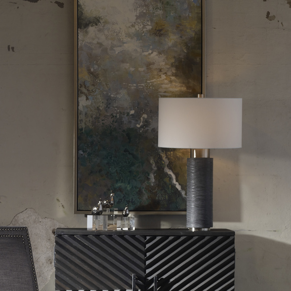 bedroom table lights Uttermost Strathmore Stone Gray Table Lamp Featuring A Stone Gray Faux Marble Base, This Table Lamp Design Exudes A Masculine Luxe Style. The Lamp Is Heavily Textured With Chiseled Like Grooves And Is Paired With Brushed Nickel Accents.