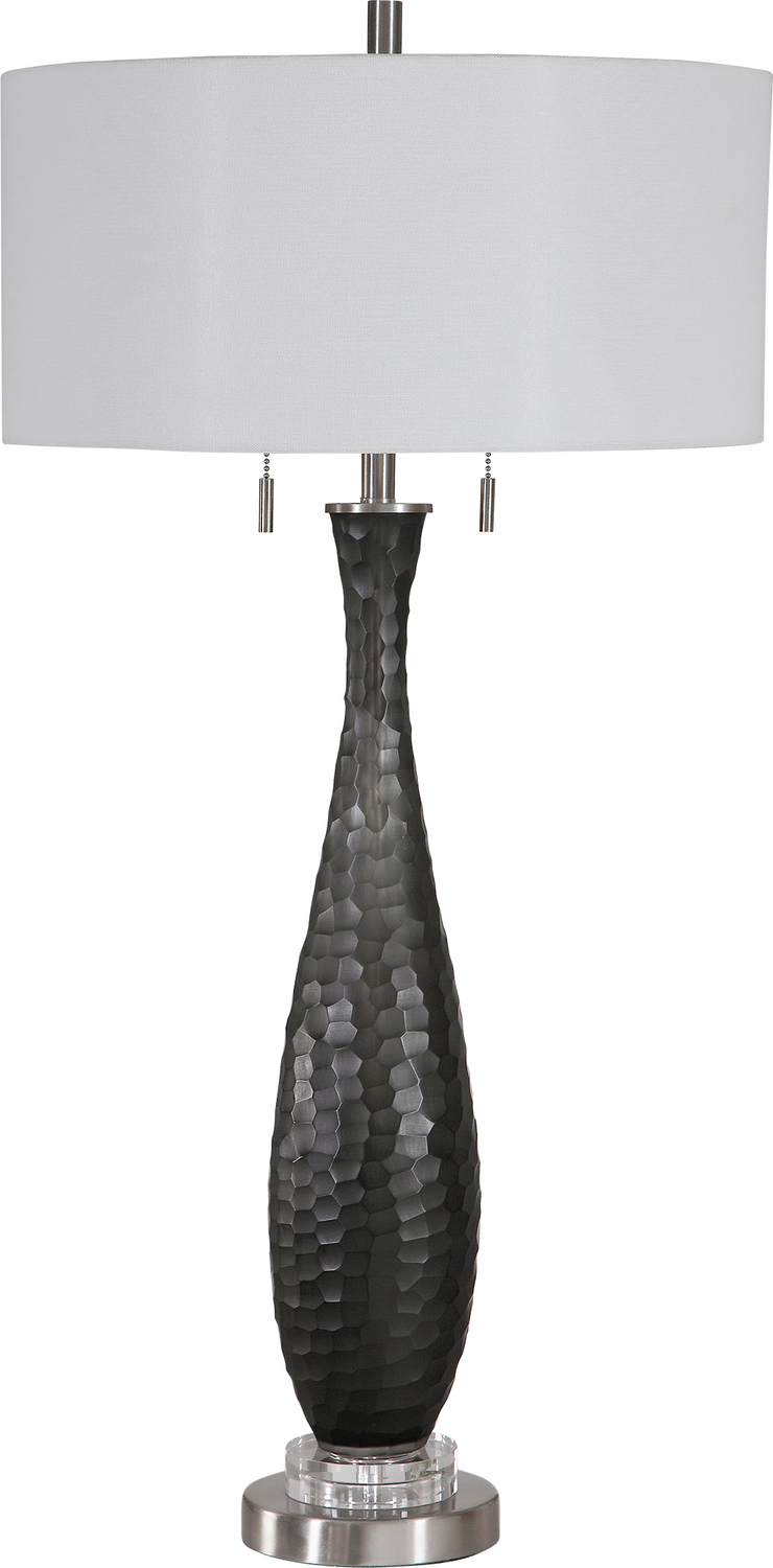 Uttermost Jothan Frosted Black Table Lamp Table Lamps This Table Lamp Showcases A Shapely, Frosted Black Glass Base In A Honeycomb Pattern. Brushed Nickel Hardware And A Crystal Accent On The Foot Create A Clean, Contemporary Look.