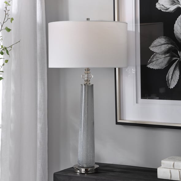 Uttermost Grayton Frosted Art Table Lamp Table Lamps This Sleek Table Lamp Features A Frosted Art Glass Base In Light Gray With White Speckled Texture. The Piece Is Accented By Polished Nickel Details And A Crystal Ornament.