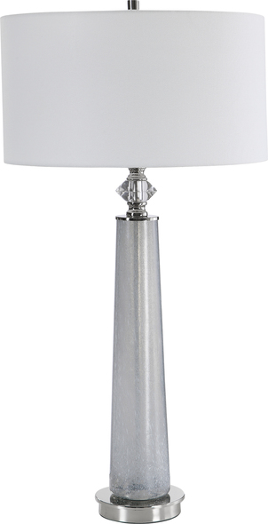 Uttermost Grayton Frosted Art Table Lamp Table Lamps This Sleek Table Lamp Features A Frosted Art Glass Base In Light Gray With White Speckled Texture. The Piece Is Accented By Polished Nickel Details And A Crystal Ornament.