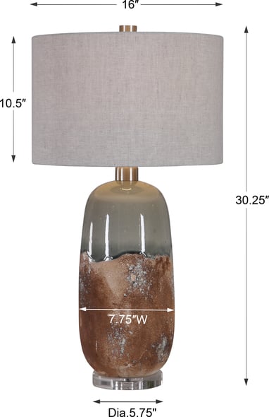 Uttermost Maggie Ceramic Table Lamp Table Lamps This Table Lamp Features A Ceramic Base Finished In An Earthy Terracotta Rust That Transitions Into A Crackled Green-gray Glaze, Accented With Brushed Nickel Plated Details And A Thick Crystal Foot.