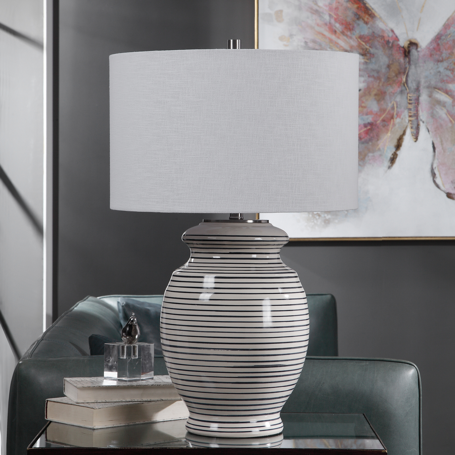 Uttermost Marisa Off White Table Lamp Table Lamps This Table Lamp Has A Ceramic Base Finished In An Off-white Glaze With Navy Blue Stripes, Accented With Brushed Nickel Details.