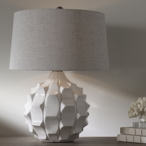  Uttermost Scalloped White Lamps Table Lamps Scalloped Ceramic Base Finished In A Lightly Distressed Gloss White Accented With Plated Brushed Nickel Details.