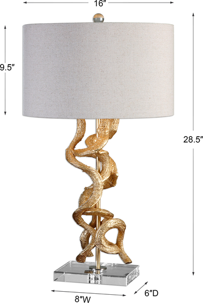 flo table lamp Uttermost Gold Table Lamp Inspired From Real Twisted Vines, This Lamp Has A Bright Gold Leaf Finish Accented With A Thick Crystal Foot And Matching Finial.