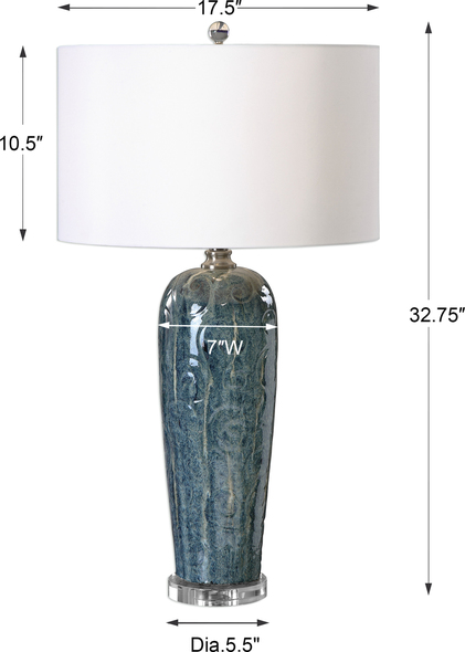 Uttermost Blue Ceramic Table Lamp Table Lamps Heathered Blue Ceramic Featuring Subtle Decorative Embossing With Silver Ivory Highlights And Rust Undertones Accented With Brushed Nickel Details And A Crystal Foot.