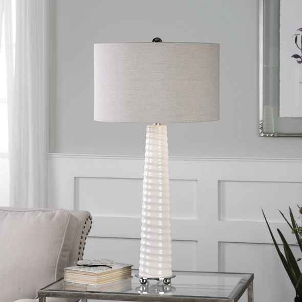 Uttermost Gloss White Table Lamp Table Lamps Heavily Crackled Gloss White Glass With A Spiral Ribbed Texture And Brushed Nickel Plated Details.