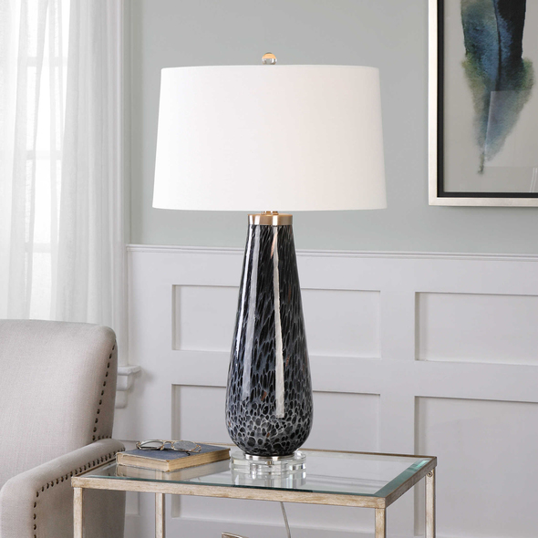Uttermost Dark Charcoal Table Lamp Table Lamps Reversed Painted, Mottled Dark Charcoal And Metallic Bronze Glass Accented With Brushed Nickel Details And A Thick Crystal Foot.
