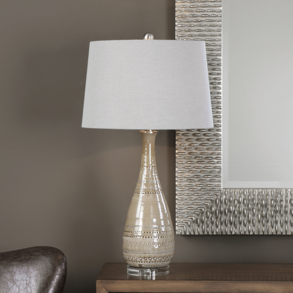 Uttermost Embossed Ceramic Lamp Table Lamps Embossed Ceramic Finished In A Light Gray Taupe Glaze Accented With Plated Brushed Nickel Metal Details And A Thick Crystal Foot.