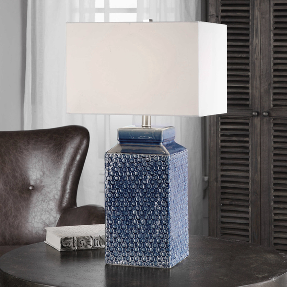 table top lamp shades Uttermost Sapphire Blue Lamp Textured Ceramic Finished In A Fired Sapphire Blue Glaze Accented With Brushed Nickel Plated Details.