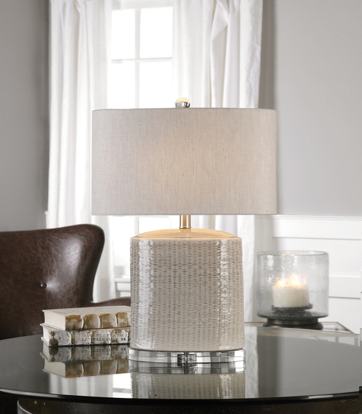 Uttermost Taupe Ceramic Lamp Table Lamps Textured, Oval Ceramic Base Finished In A Light Taupe-gray Glaze, With Brushed Nickel Plated Accents And Crystal Details.