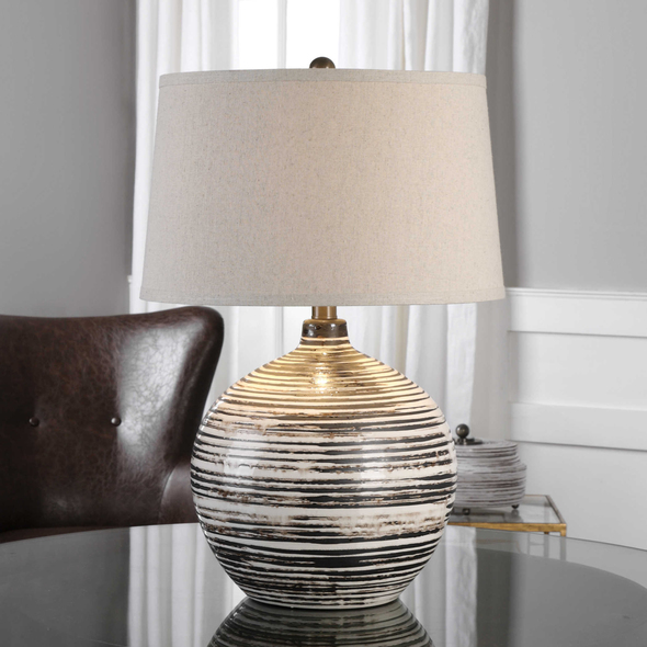 best nightstand lamps Uttermost Mocha Ivory Lamp Textured Ceramic Base Finished In Dark Mocha Bronze Glaze Covered In Rough, Horizontal Ivory Stripes.