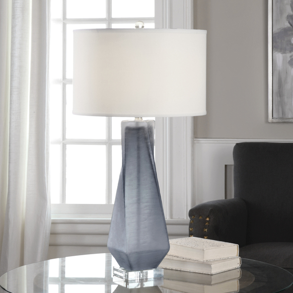 brass can lights Uttermost Charcoal Gray Table Lamp Unpolished, Blue-gray Glass, Featuring A Subtle Twist Shape, Accented With Brushed Nickel Highlights And Crystal Details.