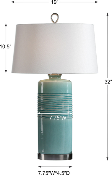 outdoor garden lights Uttermost Distressed Teal Table Lamp The Oval Column Ceramic Base Is Finished In A Distressed Teal Glaze, Featuring A Hand Applied Imperfect Texture, Accented With Brushed Nickel Plated Details.
