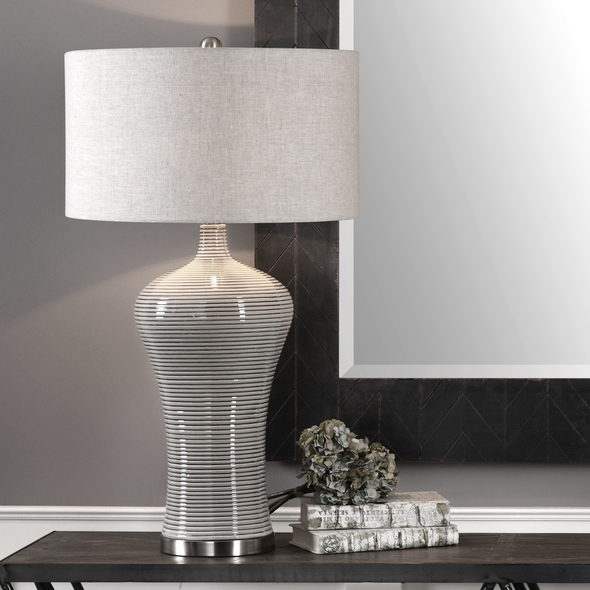 glass lamp Uttermost Light Gray Table Lamp This Ribbed Ceramic Base Is Finished In A Distressed Light Gray Glaze, Accented With Brushed Nickel Plated Details.