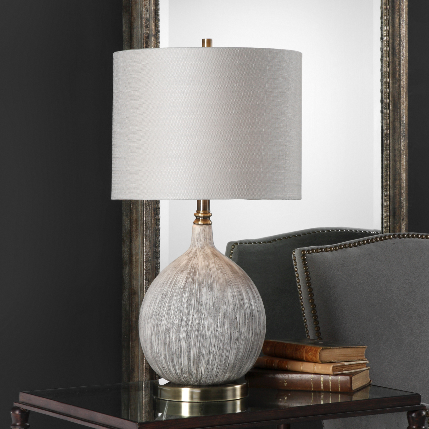 Uttermost Textured Ivory Table Lamp Table Lamps Organic Gourd Shaped Ceramic With A Heavily Textured Surface, Finished In An Old Ivory With Aged Black Undertones, Accented With Burnished Brass Plated Details.