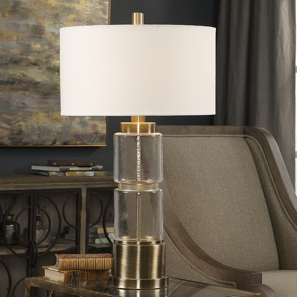 kitchen table light fixtures Uttermost Glass Column Lamp Stacked Clear Glass Columns With A Hammered Texture, Displayed With Antique Brass Plated Steel Details.