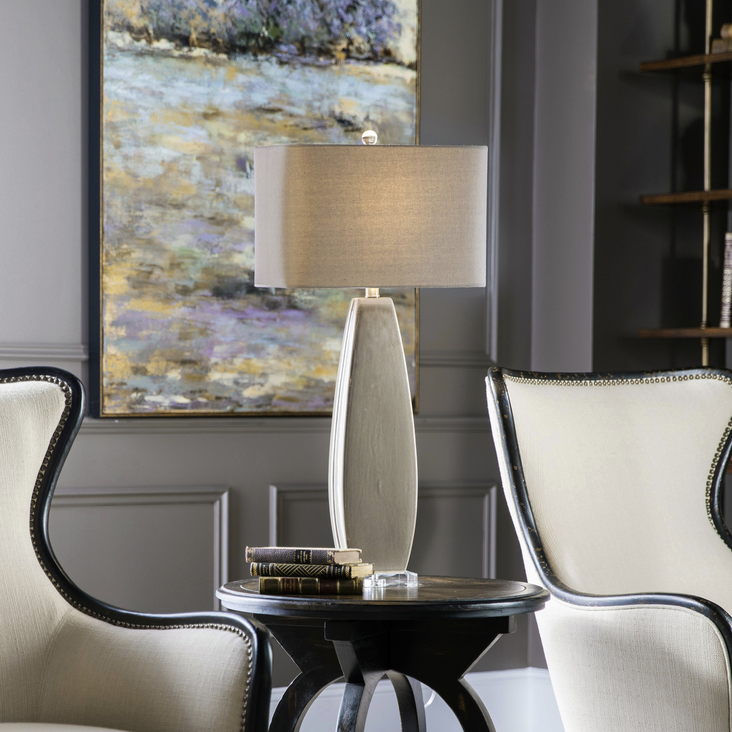  Uttermost Charcoal Lamp Table Lamps This Ceramic Base Hints At A Mid-century Modern Inspired Shape, Finished In A Worn Charcoal With Natural Distressing Caused From The High Fired Reactive Glaze, Accented With Thick Crystal Details.
