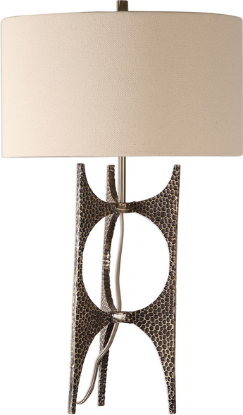 Uttermost Antique Bronze Lamp Table Lamps This Contemporary Design Is Formed From Cast Iron Featuring A Deep Hammered Texture, Finished In A Heavily Antique Golden Bronze, Paired With An Exposed, Coordinating Fabric Covered Cord.