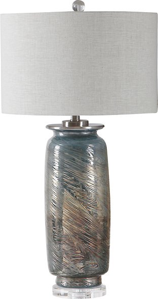 Uttermost Olesya Swirl Glass Table Lamp Table Lamps This Table Lamp Features A Decorative Glass Base That Showcases A Unique Swirl Texture, Highlighting Shades Of Ocean Blues And Metallic Bronze. Accenting These Vibrant Colors Are Brushed Nickel Plated Details And A Thick Crystal Foot.