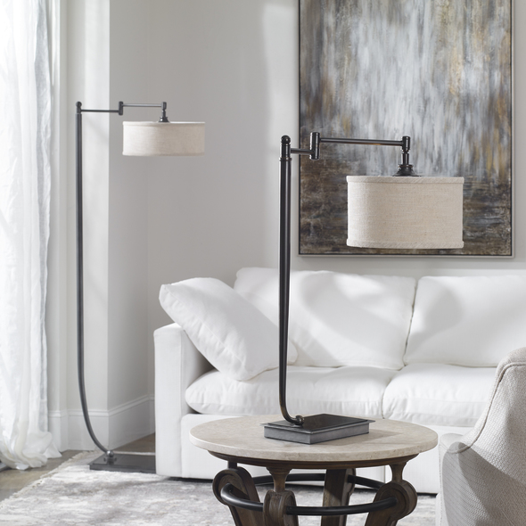 3 arm light fixture Uttermost Dark Bronze Floor Lamp Tapered Metal Base Finished In A Plated Dark Bronze Accented With An Oxidized Bronze Foot Plate Featuring A Pivoting Shade Arm. Jim Parsons