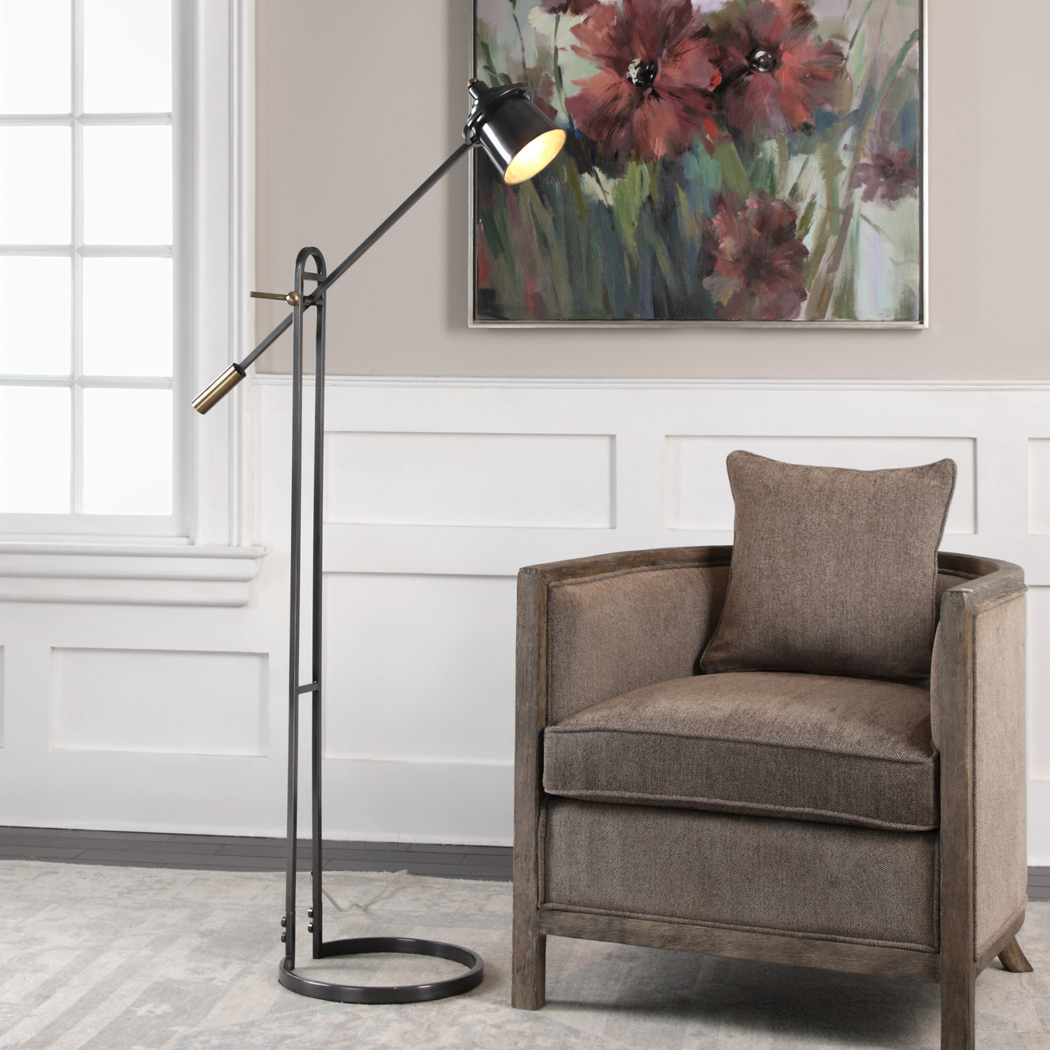 standing flower lamp Uttermost Dark Oil Rubbed Bronze Floor Lamp This Steel Lamp Features A Delicate Stature With A Wide Footprint, Finished In A Plated, Dark Oil Rubbed Bronze, Accented With Antique Brass Details. The Shade Arm Is Adjustable In Height And Shade Pivots Left And Right.