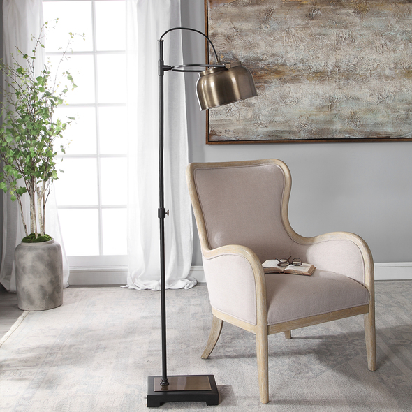 luminaire led ceiling light Uttermost Bessemer Industrial Floor Lamp Showcasing An Industrial Style, This Reading Lamp Is Finished In A Plated Antique Brass With Aged Black Metal Details. The Metal Shade Pivots Up And Down.
