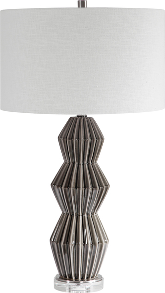 Uttermost Maxime Smokey Gray Table Lamp Table Lamps This Table Lamp Features A Retro, Geometric Styled Ceramic Base Finished In A Smokey Gray Glaze With Ribbed Texture, Accented With Brushed Nickel Plated Details And A Thick Crystal Foot.