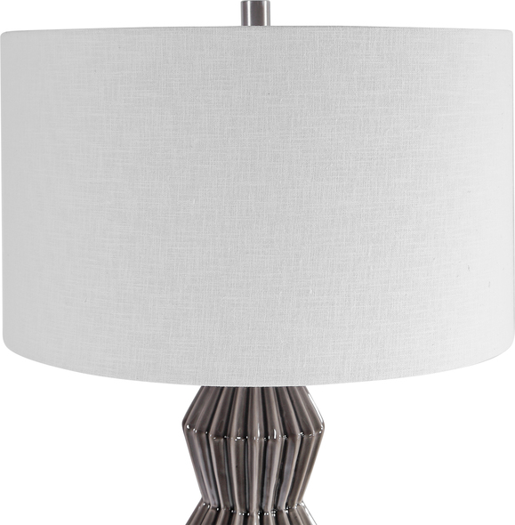 Uttermost Maxime Smokey Gray Table Lamp Table Lamps This Table Lamp Features A Retro, Geometric Styled Ceramic Base Finished In A Smokey Gray Glaze With Ribbed Texture, Accented With Brushed Nickel Plated Details And A Thick Crystal Foot.