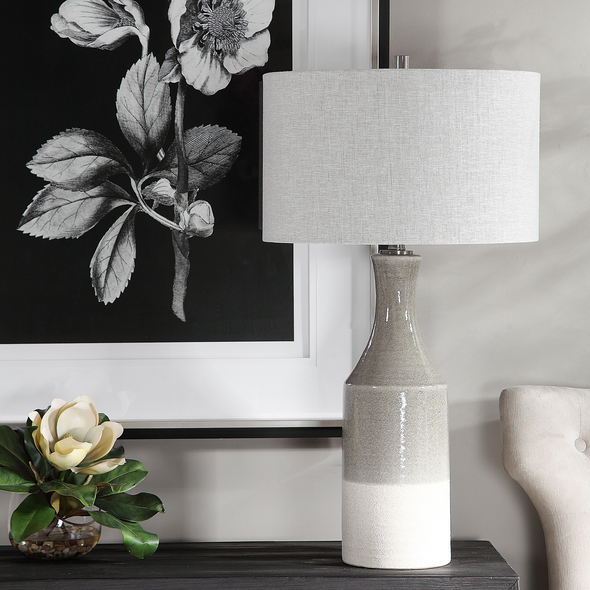 uplight desk lamp Uttermost Savin Ceramic Table Lamp Showcasing A Bohemian Flair, This Ceramic Table Lamp Is Finished In A Glossy Warm Gray Glaze That Transitions To A Heavily Textured Ivory Bottom. The Casual Contemporary Styling Is Paired With Plated Brushed Nickel Accents.