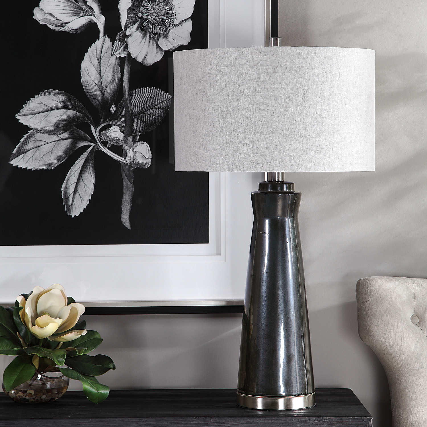 chandelier table lamp gold Uttermost Dark Charcoal Table Lamp Contemporary In Style, This Ceramic Table Lamp Is Finished In A Glossy Dark Charcoal Glaze, Accented With Brushed Nickel Plated Details.