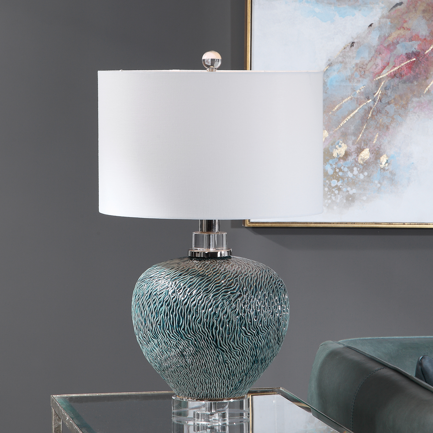 white gold lampshade Uttermost Almera Dark Teal Table Lamp Add A Touch Of Bohemian Flair To A Space With This Unique Table Lamp. The Ceramic Base Features An Organic Textured Base Finished In A Distressed Dark Teal Glaze, Paired With Polished Nickel Accents And Thick Crystal Details.