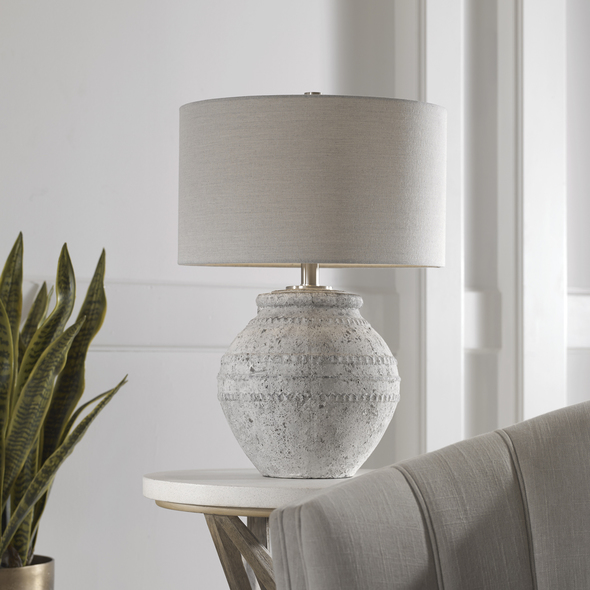  Uttermost Montsant Stone Table Lamp Table Lamps Showcasing An Old-world Style, This Ceramic Table Lamp Has A Heavily Distressed Stone Ivory Finish And Aged Gray Undertones, Accented With Brushed Nickel Plated Details.